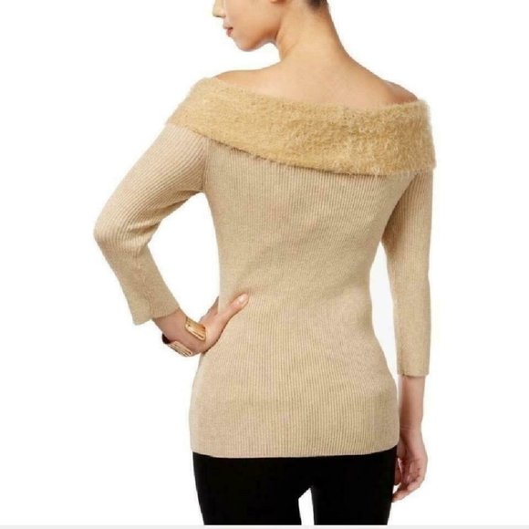 ^ NY Collection Women's Large NWT Knit Off Shoulder Gold Metallic Top … - Picture 2 of 6